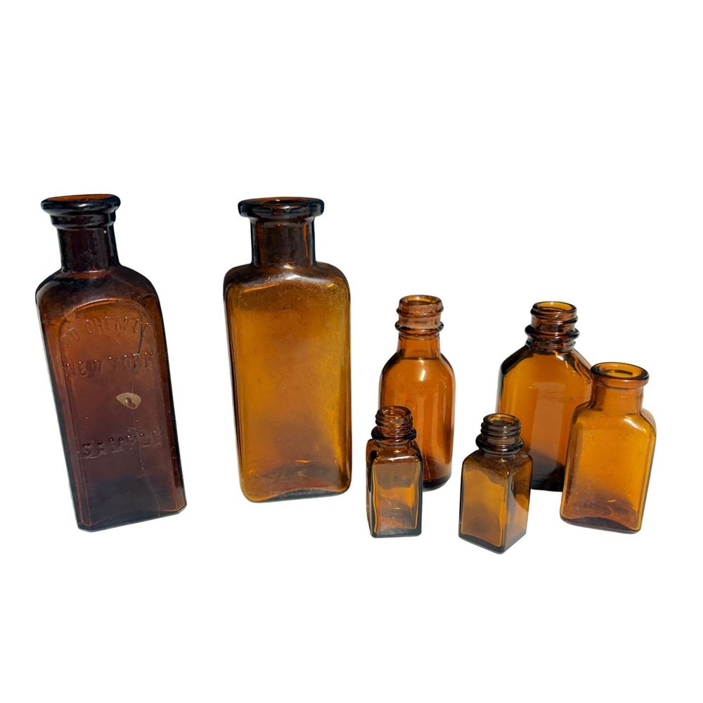 Vintage Amber Glass Apothecary Medicine Bottle Lot OD Chem Co PD & Co 7pc‎ Set